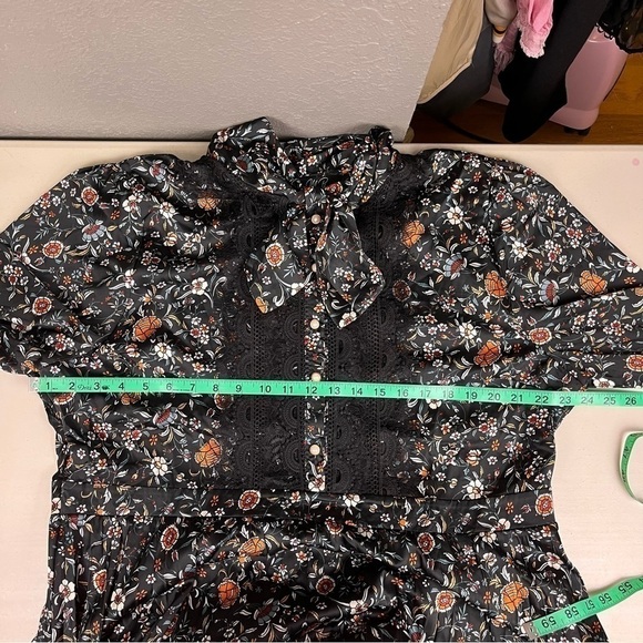 DALIA Macphee Floral Pleated Long Sleeve‎ Midi Dress Black Size 3x New - Picture 11 of 15